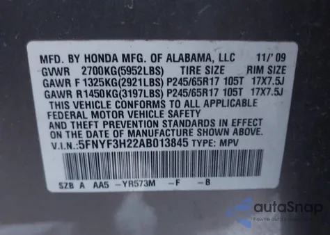 2010 Honda Pilot Lx from USA, damaged, VIN 5FNYF3H22AB013845